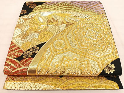 平和屋着物◎六通柄袋帯 唐織 光 地紙重ね花鳥文 山河織物謹製 金糸 正絹 逸品 BAAW7209qw