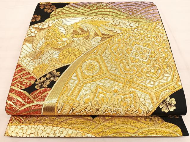 平和屋着物◎六通柄袋帯 唐織 光 地紙重ね花鳥文 山河織物謹製 金糸 正絹 逸品 BAAW7209qw