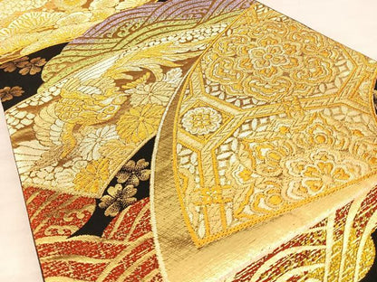 平和屋着物◎六通柄袋帯 唐織 光 地紙重ね花鳥文 山河織物謹製 金糸 正絹 逸品 BAAW7209qw