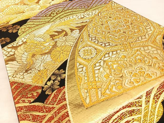 平和屋着物◎六通柄袋帯 唐織 光 地紙重ね花鳥文 山河織物謹製 金糸 正絹 逸品 BAAW7209qw