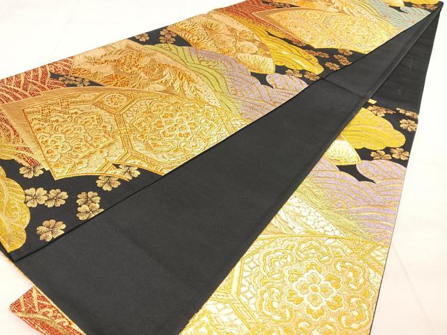 平和屋着物◎六通柄袋帯 唐織 光 地紙重ね花鳥文 山河織物謹製 金糸 正絹 逸品 BAAW7209qw