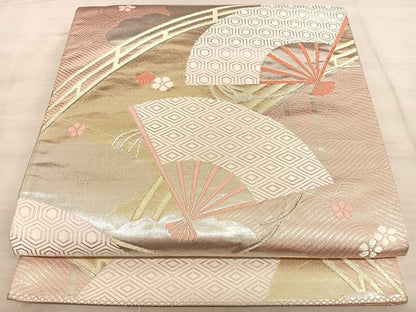 平和屋着物◎六通柄袋帯　唐織　扇面渡橋文　金銀糸　正絹　逸品　BAAW7216qw
