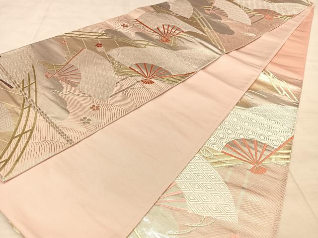 平和屋着物◎六通柄袋帯　唐織　扇面渡橋文　金銀糸　正絹　逸品　BAAW7216qw