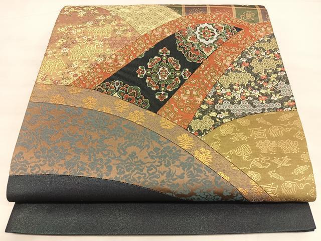 平和屋着物◎太鼓柄袋帯　切嵌　名物裂　金糸　引箔　正絹　逸品　BAAW7219qw