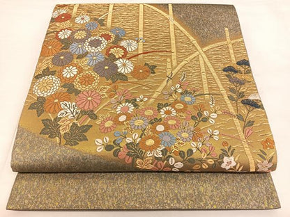 平和屋着物◎太鼓柄袋帯　唐織　籬草花文　金糸　正絹　逸品　BAAW7238qw