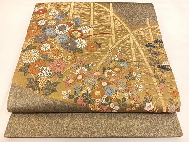 平和屋着物◎太鼓柄袋帯　唐織　籬草花文　金糸　正絹　逸品　BAAW7238qw