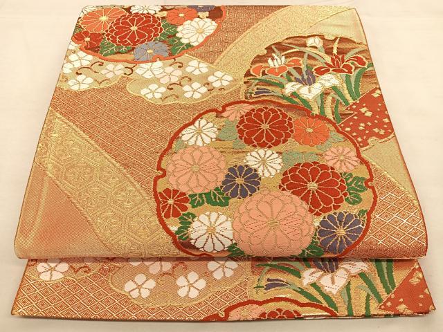 平和屋着物◎六通柄袋帯　唐織　草花吉祥文　金糸　正絹　逸品　BAAW7246qw