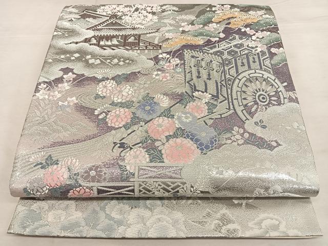 平和屋着物◎六通柄袋帯 唐織 風景御所車文 九百錦 プラチナ二重箔 正絹 逸品 BAAW7251qw