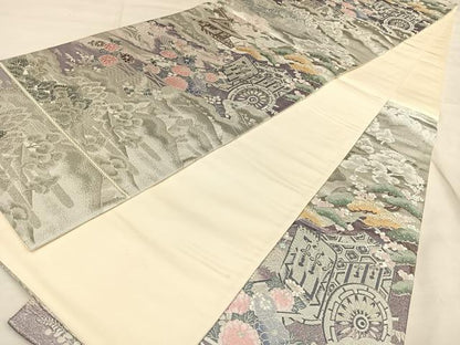 平和屋着物◎六通柄袋帯 唐織 風景御所車文 九百錦 プラチナ二重箔 正絹 逸品 BAAW7251qw