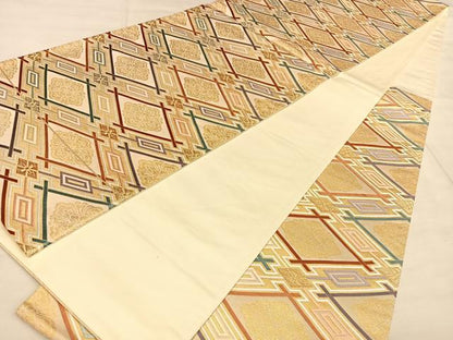 平和屋着物◎六通柄袋帯 唐織 変菱取文 金銀糸 正絹 逸品 BAAW7255qw