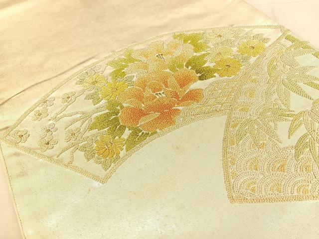 平和屋着物◎太鼓柄袋帯　中国三大刺繍　相良刺繍　地紙花文　金糸　引箔　正絹　逸品　BAAW7261qw