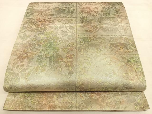 平和屋着物◎六通柄袋帯 人物吉祥文 銀糸 正絹 逸品 BAAW7267qw