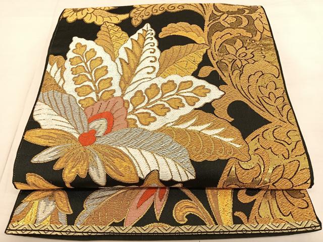 平和屋着物◎六通柄　京袋帯　唐織　更紗花唐草文　黒地　金糸　正絹　逸品　BAAW7286qw