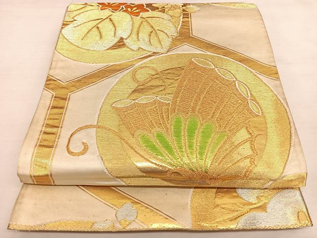 平和屋着物◎六通柄袋帯　唐織　亀甲花蝶文　金糸　正絹　逸品　BAAW7291qw