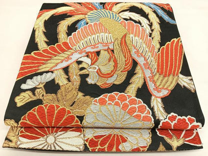 平和屋着物◎六通柄袋帯　唐織　鳳凰花文　黒地　金銀糸　正絹　逸品　BAAW7292qw