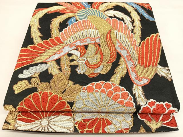 平和屋着物◎六通柄袋帯　唐織　鳳凰花文　黒地　金銀糸　正絹　逸品　BAAW7292qw