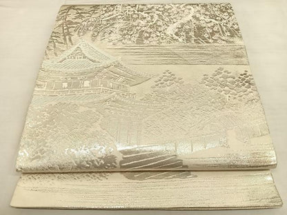 平和屋着物◎西陣　服部織物謹製　六通柄袋帯　風景文　こはく錦　銀糸　正絹　逸品　BAAW7302qw