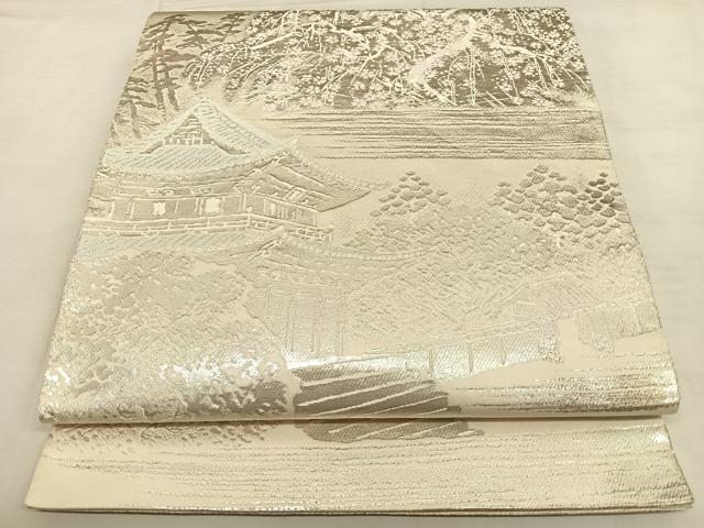 平和屋着物◎西陣　服部織物謹製　六通柄袋帯　風景文　こはく錦　銀糸　正絹　逸品　BAAW7302qw