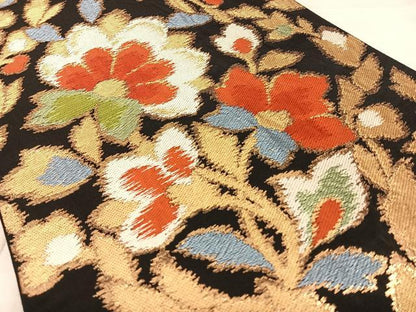 平和屋着物◎六通柄袋帯　唐織　草花文　黒地　金糸　正絹　逸品　BAAW7303qw