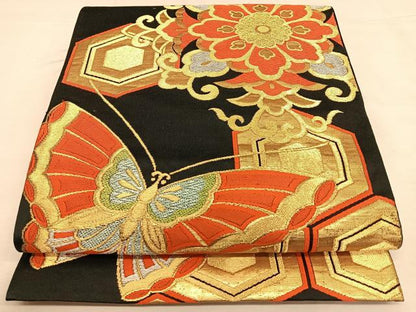 平和屋着物◎六通柄袋帯　唐織　花蝶文　黒地　金銀糸　正絹　逸品　BAAW7326qw