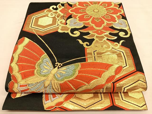 平和屋着物◎六通柄袋帯　唐織　花蝶文　黒地　金銀糸　正絹　逸品　BAAW7326qw