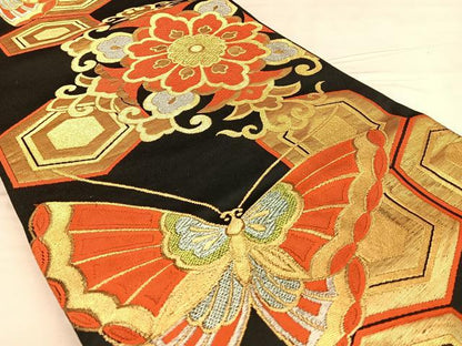 平和屋着物◎六通柄袋帯　唐織　花蝶文　黒地　金銀糸　正絹　逸品　BAAW7326qw