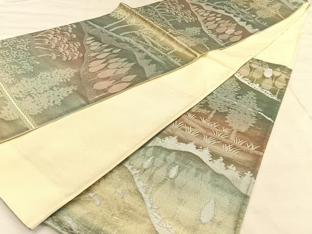 平和屋着物◎六通柄袋帯　唐織　遠山樹林文　銀糸　正絹　逸品　BAAW7328qw