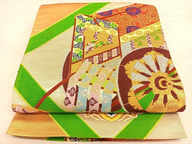 平和屋着物◎六通柄袋帯　唐織　切嵌御所車文　金銀糸　正絹　逸品　BAAW7329qw