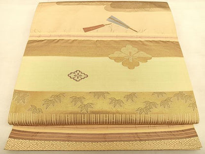 平和屋着物◎六通柄袋帯　ふくれ織　エ霞花文　金糸　正絹　逸品　BAAW7330qw