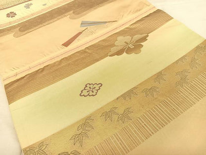平和屋着物◎六通柄袋帯　ふくれ織　エ霞花文　金糸　正絹　逸品　BAAW7330qw