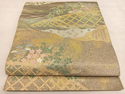 平和屋着物◎西陣　服部織物謹製　六通柄袋帯　籬草花文　こはく錦　手工芸　金糸　正絹　逸品　BAAW7331qw