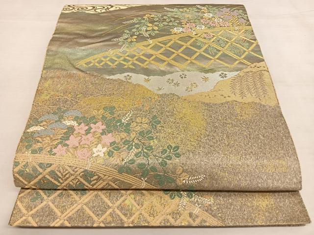 平和屋着物◎西陣　服部織物謹製　六通柄袋帯　籬草花文　こはく錦　手工芸　金糸　正絹　逸品　BAAW7331qw