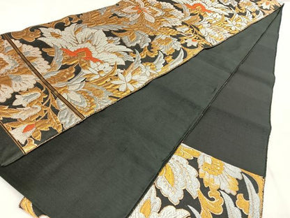 平和屋着物◎六通柄袋帯　唐織　更紗花唐草文　黒地　金銀糸　正絹　逸品　BAAW7340qw