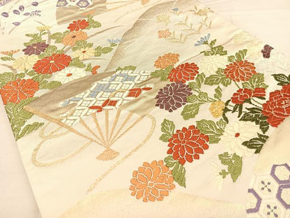 平和屋着物◎六通柄袋帯　唐織　扇面花文　金糸　正絹　逸品　BAAW7347qw