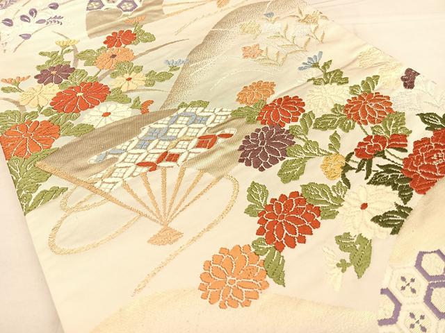 平和屋着物◎六通柄袋帯　唐織　扇面花文　金糸　正絹　逸品　BAAW7347qw