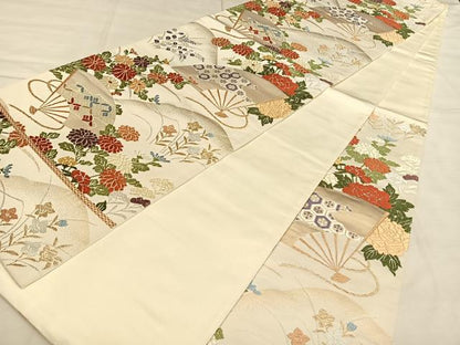 平和屋着物◎六通柄袋帯　唐織　扇面花文　金糸　正絹　逸品　BAAW7347qw