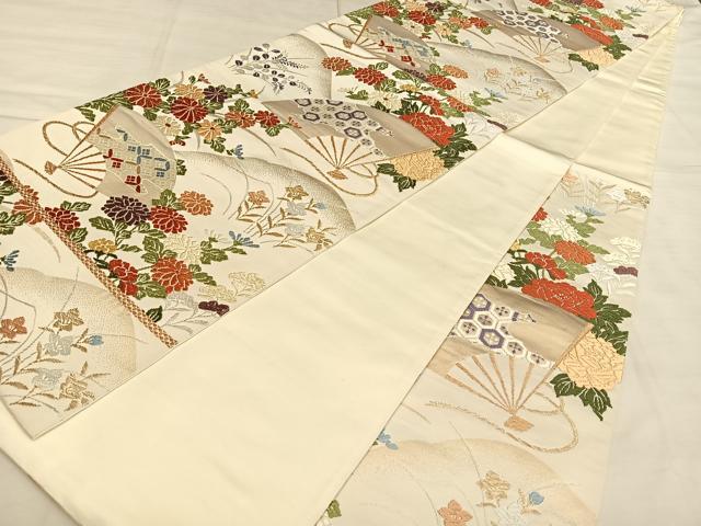 平和屋着物◎六通柄袋帯　唐織　扇面花文　金糸　正絹　逸品　BAAW7347qw
