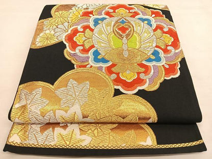 平和屋着物◎六通柄袋帯　唐織　鳳凰花蝶文　黒地　金銀糸　正絹　逸品　BAAW7350qw