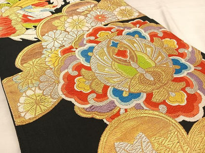 平和屋着物◎六通柄袋帯　唐織　鳳凰花蝶文　黒地　金銀糸　正絹　逸品　BAAW7350qw