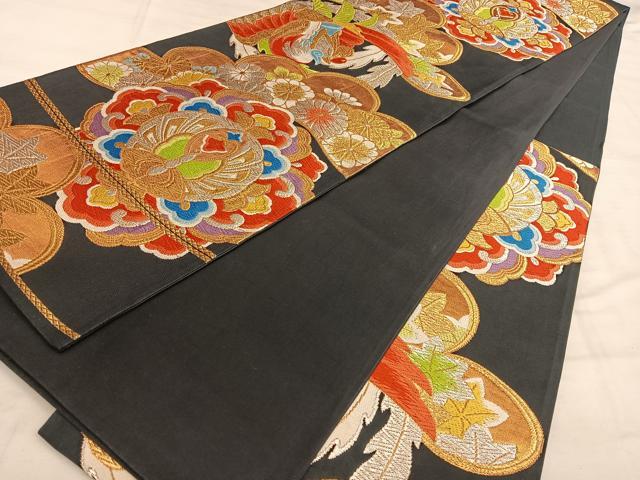 平和屋着物◎六通柄袋帯　唐織　鳳凰花蝶文　黒地　金銀糸　正絹　逸品　BAAW7350qw