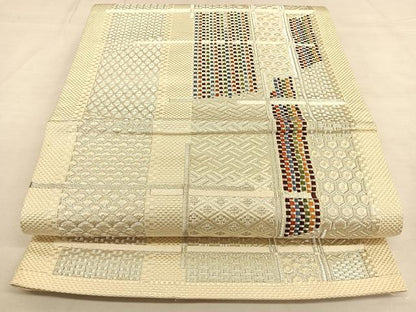 平和屋着物◎六通柄袋帯 唐織 幾何学文 銀糸 正絹 逸品 BAAW7351qw