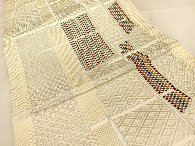 平和屋着物◎六通柄袋帯 唐織 幾何学文 銀糸 正絹 逸品 BAAW7351qw