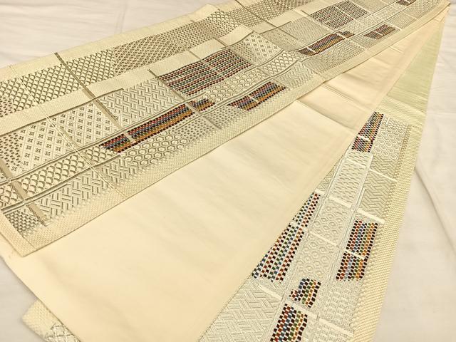 平和屋着物◎六通柄袋帯 唐織 幾何学文 銀糸 正絹 逸品 BAAW7351qw