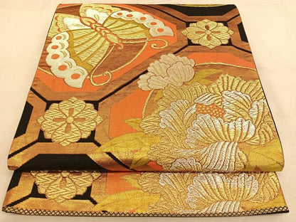 平和屋着物◎六通柄袋帯 唐織 万葉錦 黒地 金銀糸 正絹 逸品 BAAW7367qw