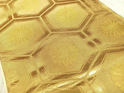 平和屋着物◎六通柄袋帯　唐織　亀甲花文　金糸　正絹　逸品　BAAW7390qw