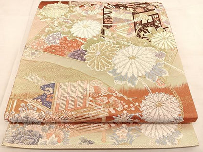 平和屋着物◎六通柄袋帯 唐織 檜扇御所車文 金糸 正絹 逸品 BAAW7391qw