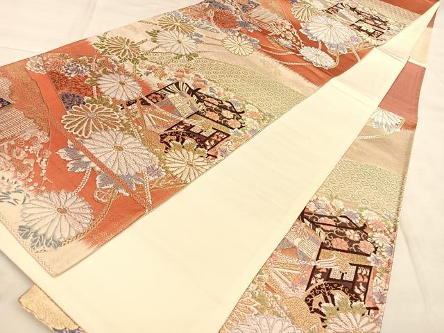 平和屋着物◎六通柄袋帯 唐織 檜扇御所車文 金糸 正絹 逸品 BAAW7391qw