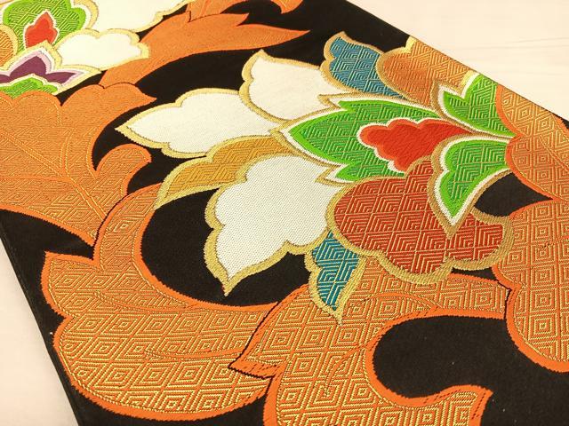 平和屋着物◎六通柄袋帯　唐織　更紗花唐草文　黒地　金糸　正絹　逸品　BAAW7392qw