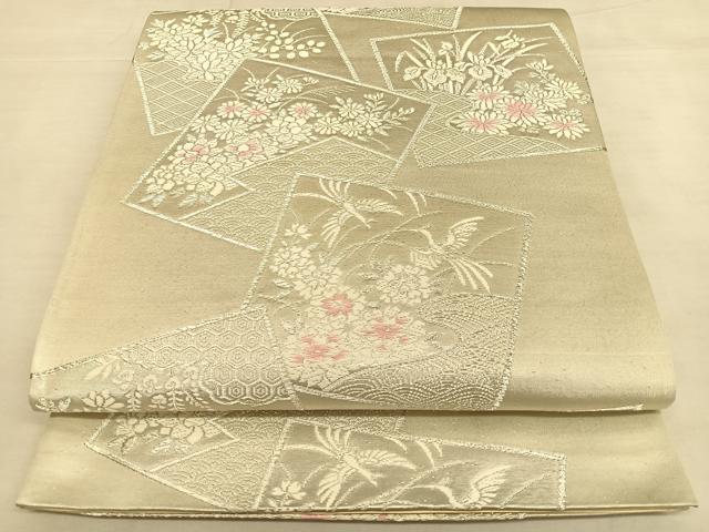 平和屋着物◎六通柄袋帯 唐織 色紙花鳥文 銀糸 正絹 逸品 BAAW7397qw
