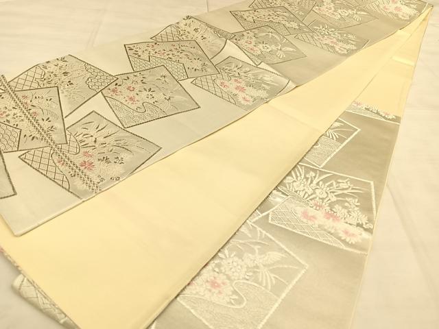 平和屋着物◎六通柄袋帯 唐織 色紙花鳥文 銀糸 正絹 逸品 BAAW7397qw